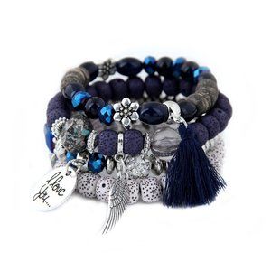 Bracelet Two Charms Four Strand Black White Blue